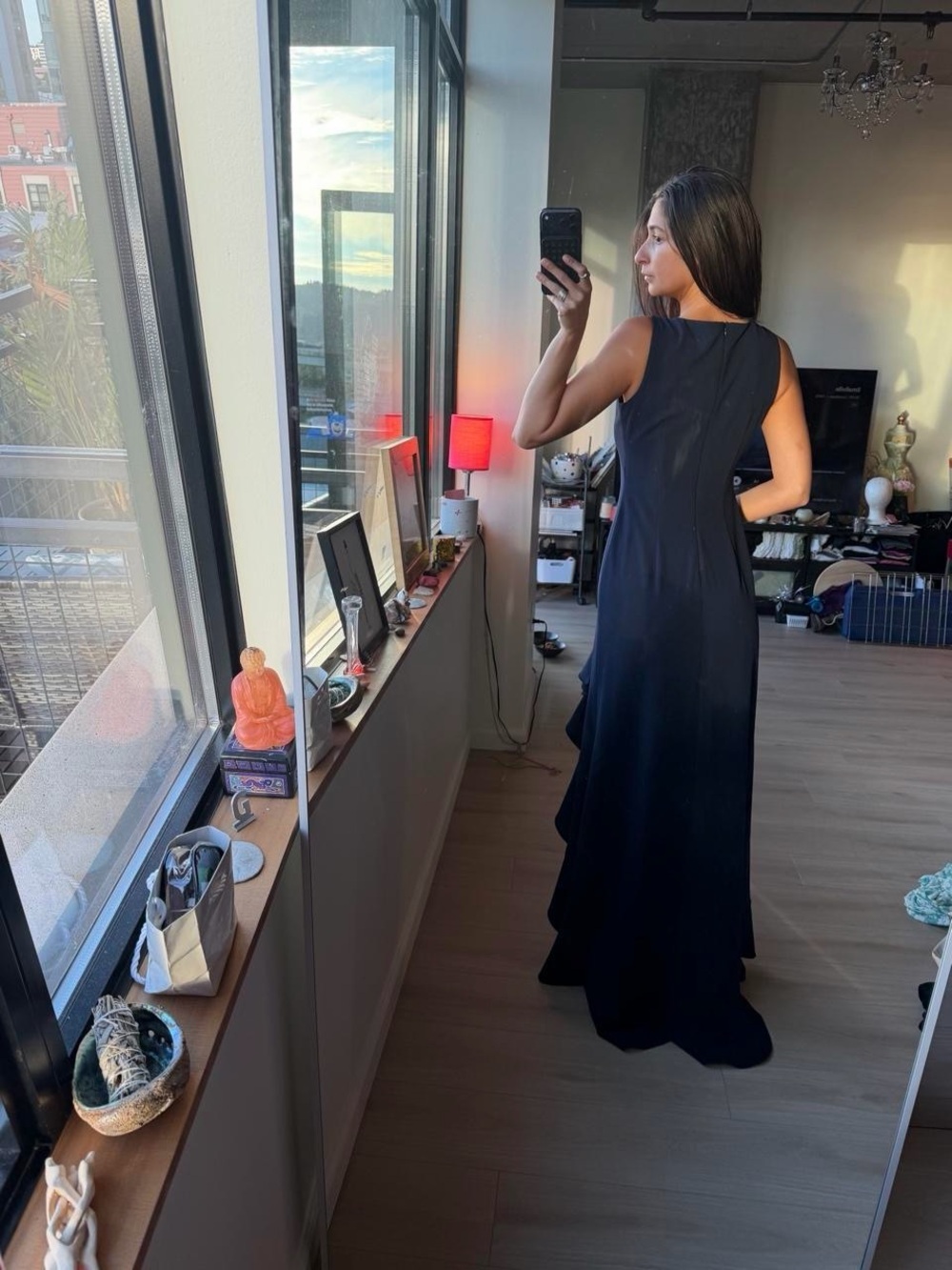 Calvin Klein Blue Sleeveless Mermaid Gown with Front Ruffle Slit - Picture 3 of 7